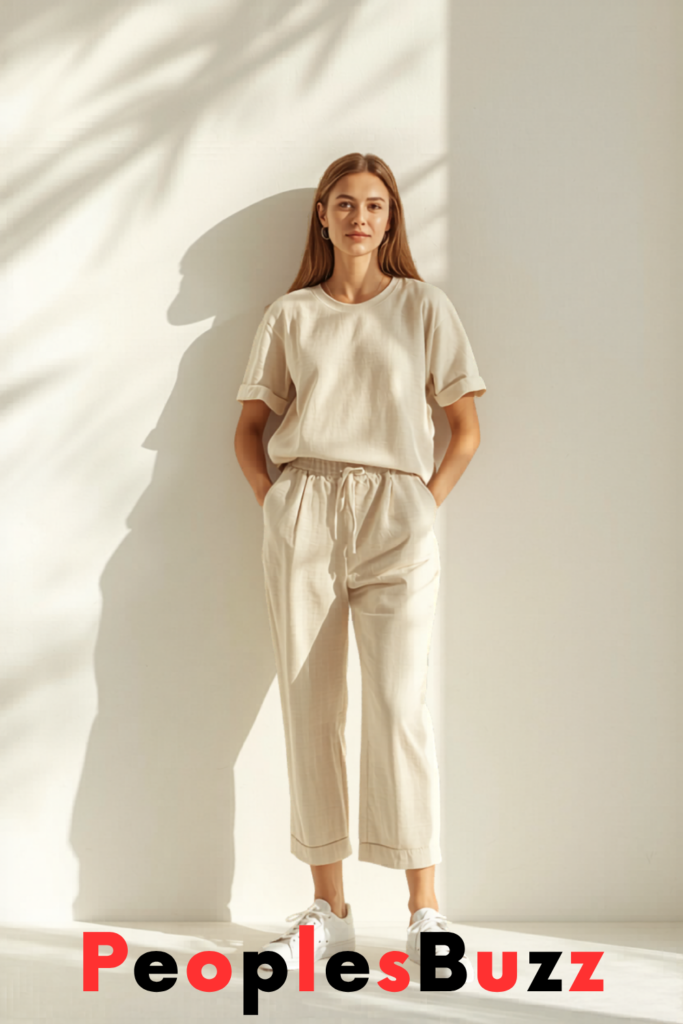 mom wearing beige linen set with samba jane shoes casual outfit idea 2026