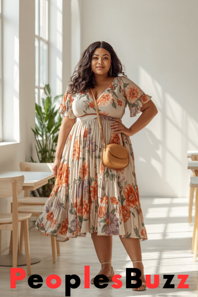 Curvy woman wearing a flowy floral midi dress in a bright brunch café with soft natural daylight and feminine summer style