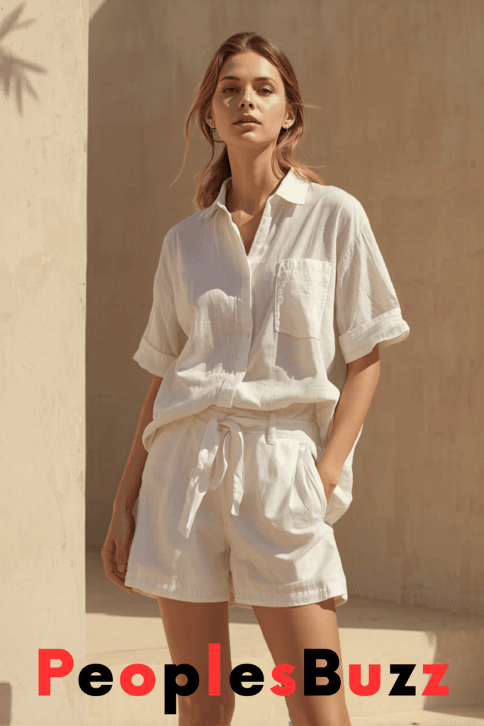 Minimalist linen co-ord set in neutral tones, a breathable lightweight summer outfit ideal for moms in hot weather