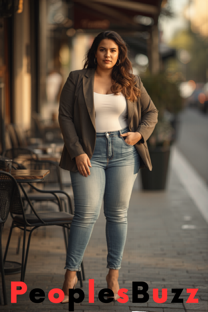 Curvy woman wearing a blazer with jeans and a basic top in a stylish café street setting