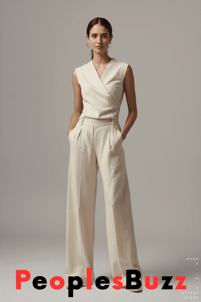 Monochrome cotton outfit in neutral tones, a chic lightweight summer outfit for minimalist style