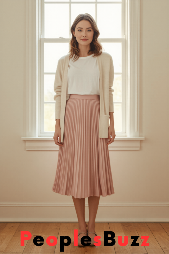 pleated midi skirt cardigan with samba jane shoes outfit
