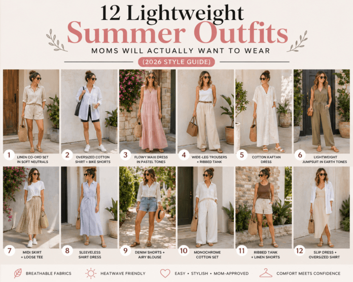 12 lightweight summer outfits for moms featuring breathable styles like linen sets, maxi dresses, wide-leg trousers, and casual chic combinations in neutral and pastel tones