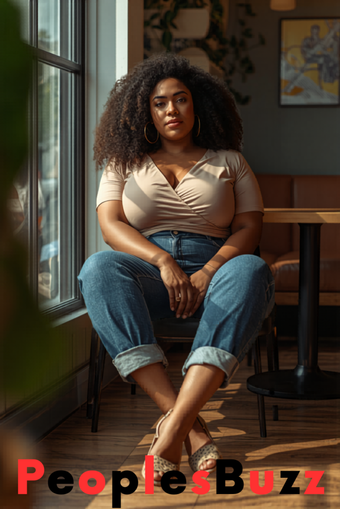 Curvy woman wearing high-waisted jeans and a wrap top sitting in a café with a casual chic brunch style