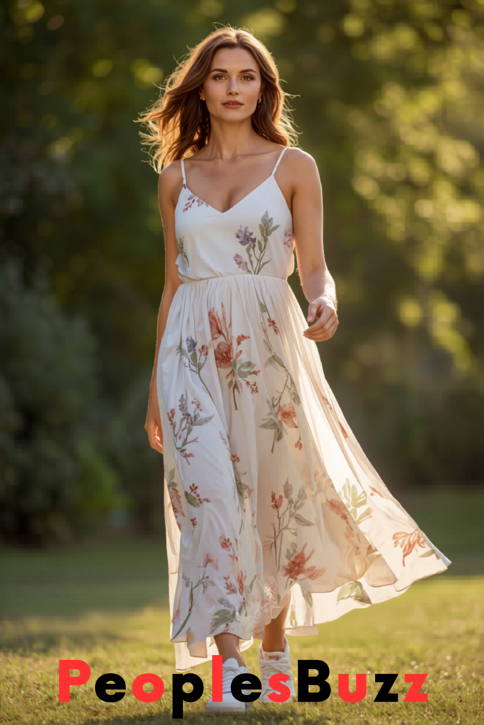 floral maxi dress with samba jane shoes outfit for moms
