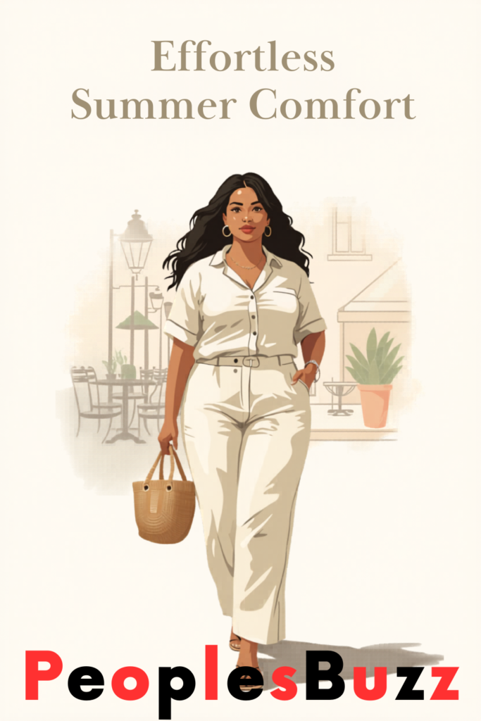Curvy woman wearing a linen co-ord set with wide-leg pants and shirt in a café street setting with neutral tones