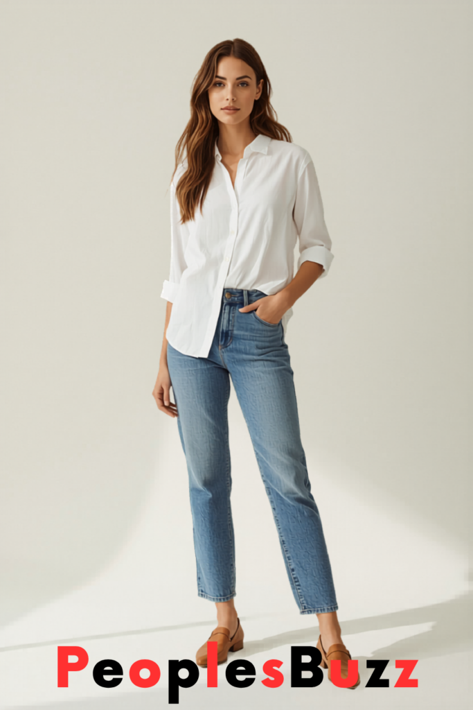 straight leg jeans white shirt samba jane shoes casual outfit