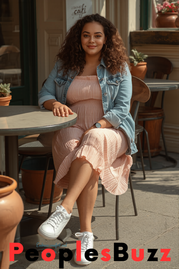 Curvy woman wearing a smocked dress with white sneakers and denim jacket in an outdoor café brunch setting