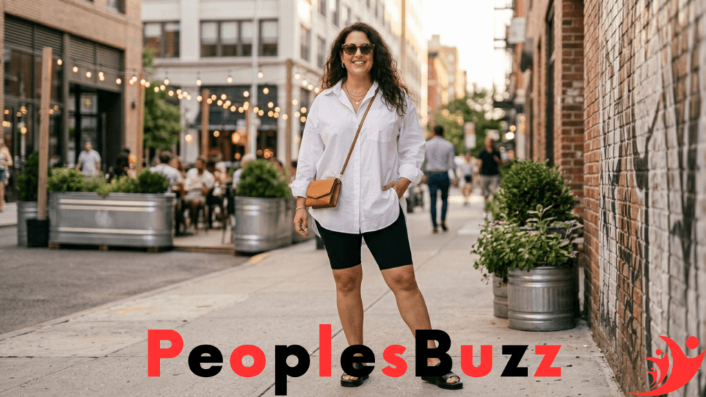 casual plus size summer outfits with oversized shirt and biker shorts styled for a trendy look