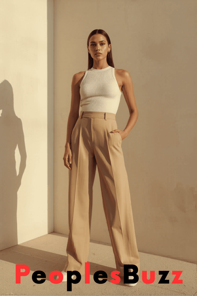 Wide-leg trousers with ribbed tank top, a modern lightweight summer outfit combining comfort and style
