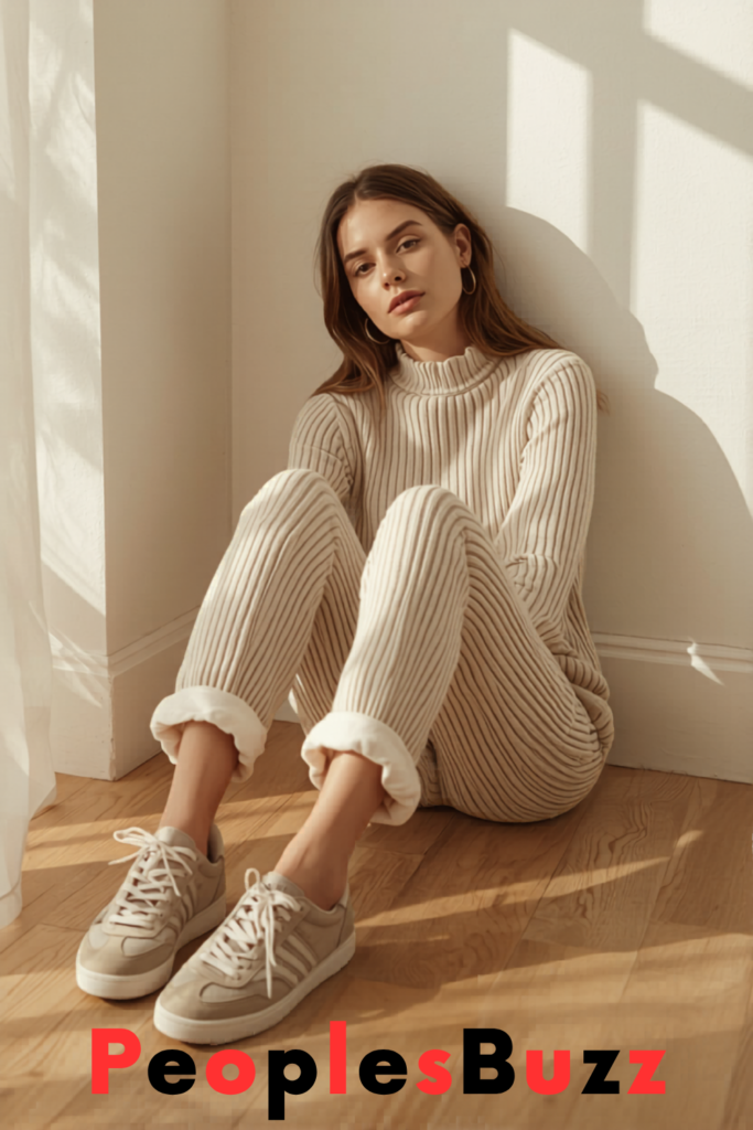 neutral knit co ord set with samba jane shoes cozy mom outfit