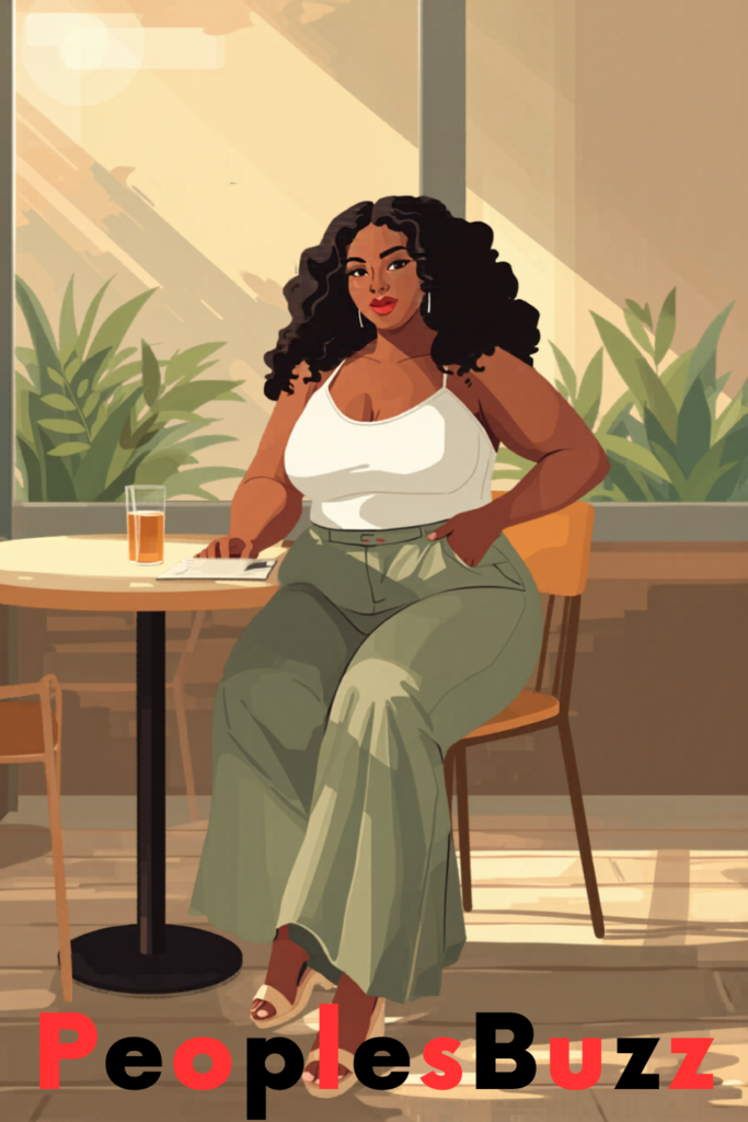 Curvy woman wearing wide-leg pants and a fitted top tucked in at a modern brunch restaurant