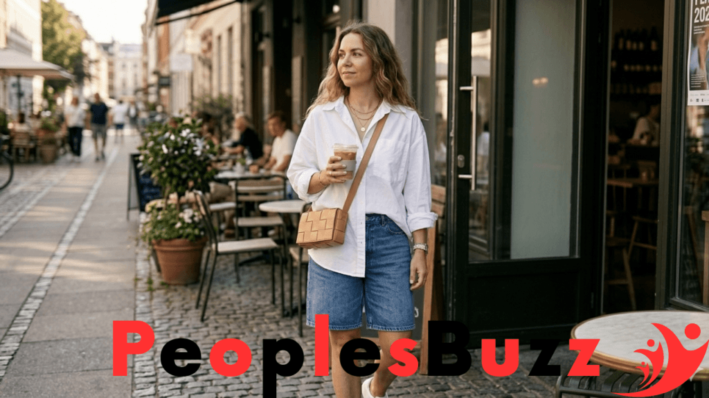 Women casual summer outfit denim shorts oversized shirt relaxed street style 2026