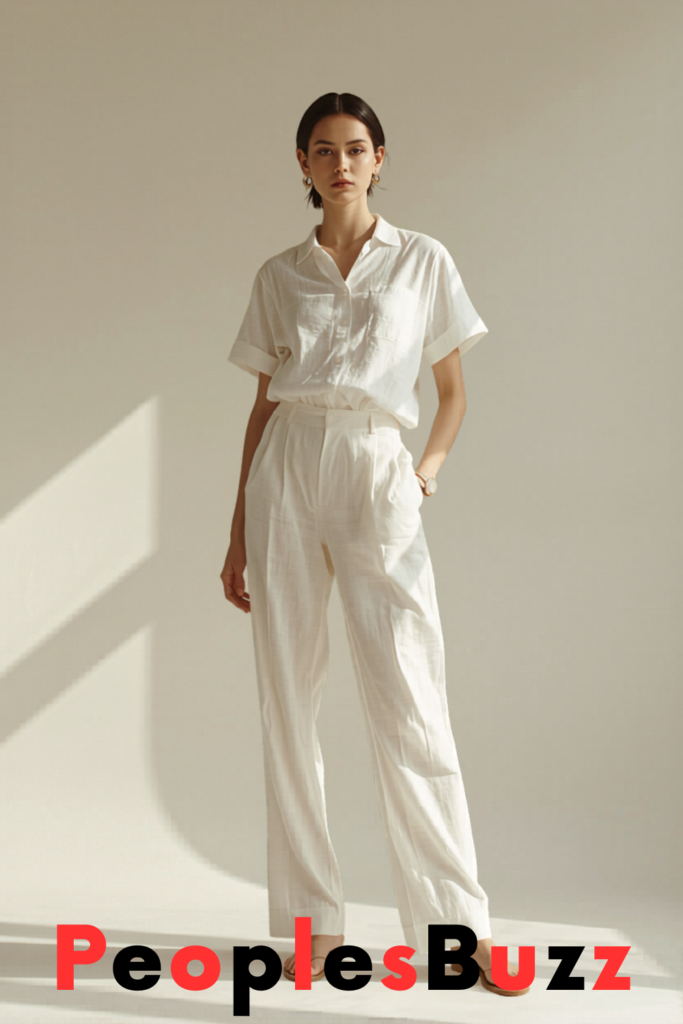 All-white minimalist summer outfit with clean lines, inspired by minimalist summer outfits 2026 trends