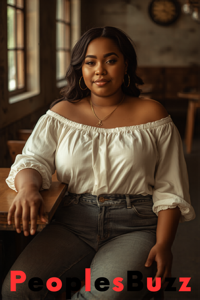 Curvy woman wearing an off-shoulder top and jeans sitting at a café table in soft natural light