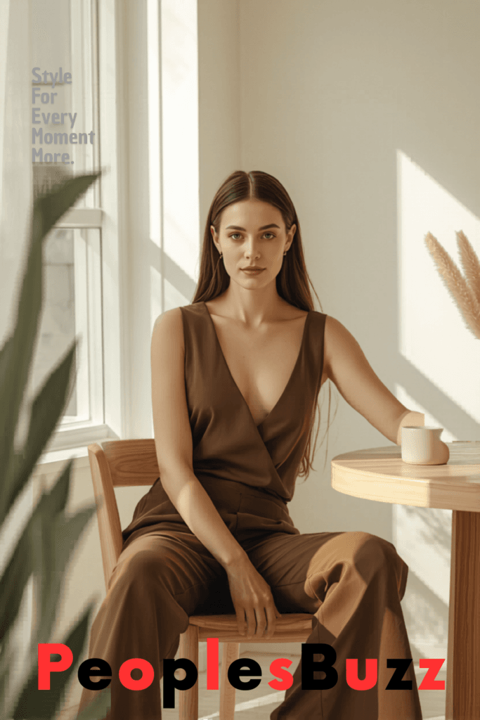 Earth-tone jumpsuit made from breathable fabric, a simple lightweight summer outfit for everyday wear