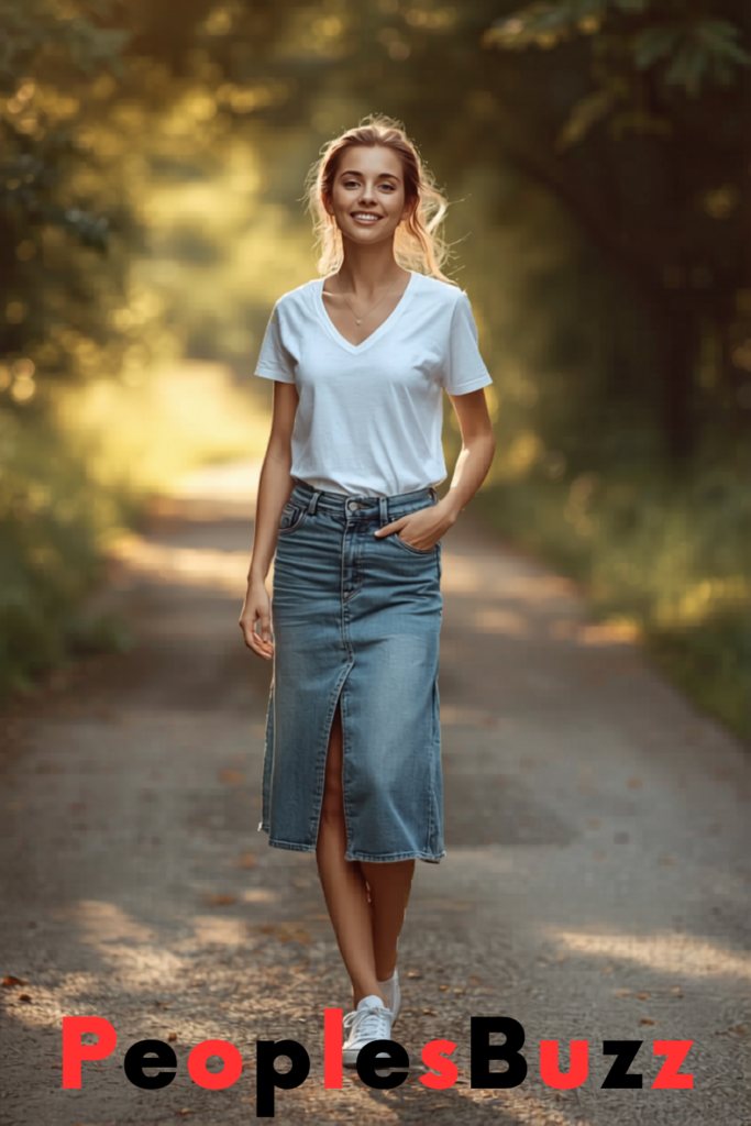 Midi denim skirt with relaxed t-shirt and sneakers, perfect for women summer outfits casual