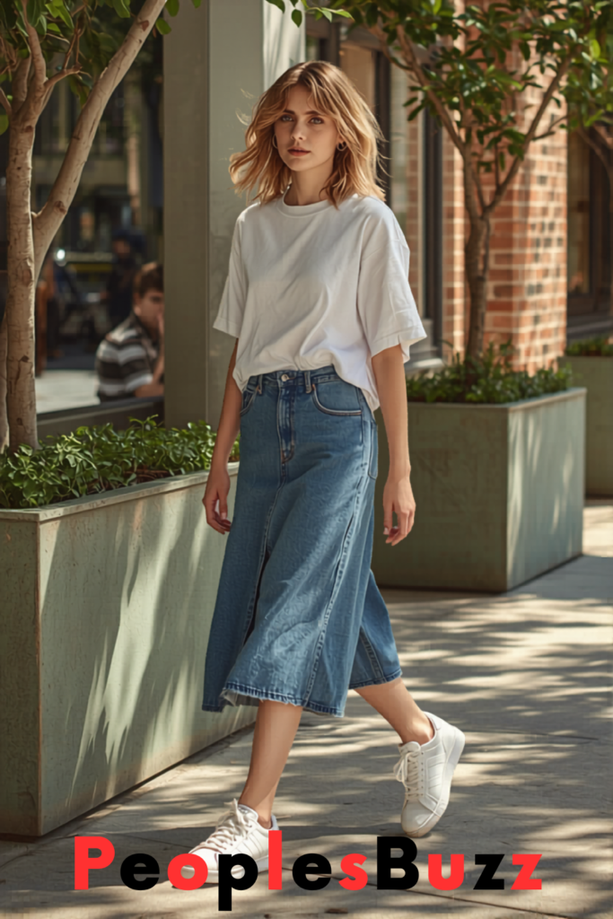 denim midi skirt outfit with samba jane sneakers casual style