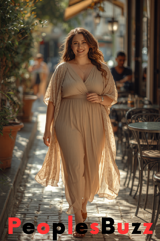 Curvy woman wearing a maxi dress with a lightweight kimono walking in an outdoor café area