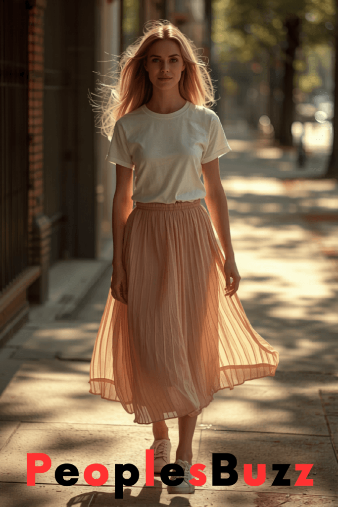 Flowy midi skirt with cotton t-shirt, a minimalist lightweight summer outfit for heatwave days