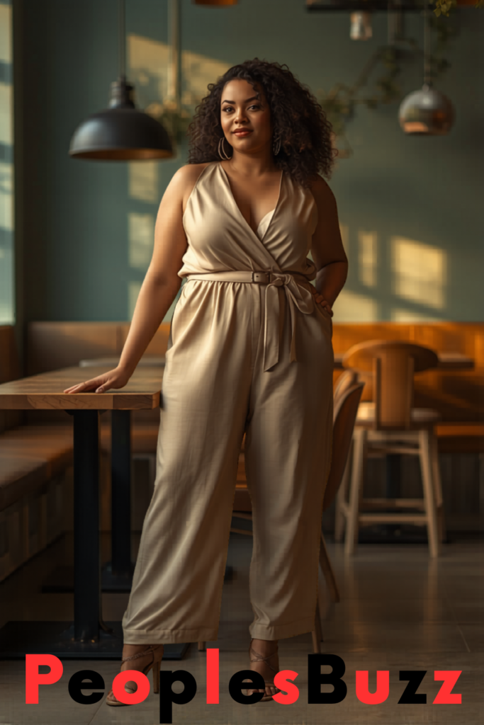 Curvy woman wearing a belted jumpsuit standing in a café with a clean modern brunch outfit