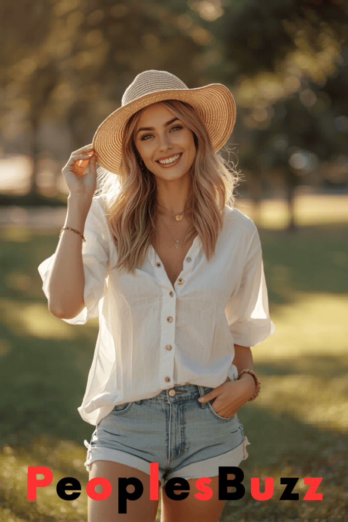 Denim shorts paired with airy blouse, a casual lightweight summer outfit for daily summer wear