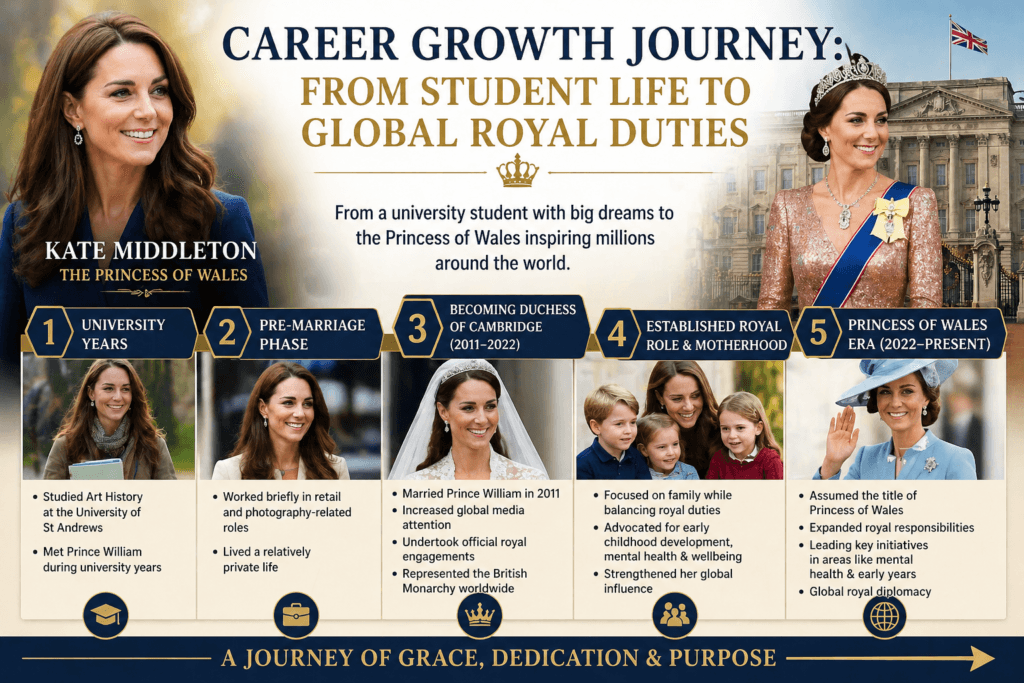 Kate Middleton career journey timeline infographic from student life to royal duties