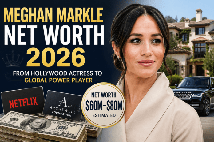 Meghan Markle net worth 2026 featured image showing her portrait with luxury home, Netflix deal, and estimated $60M–$80M wealth