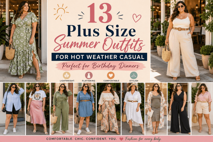 plus size summer outfits for hot weather casual birthday dinner outfit ideas collage with dresses, co-ord sets, and wide-leg pants
