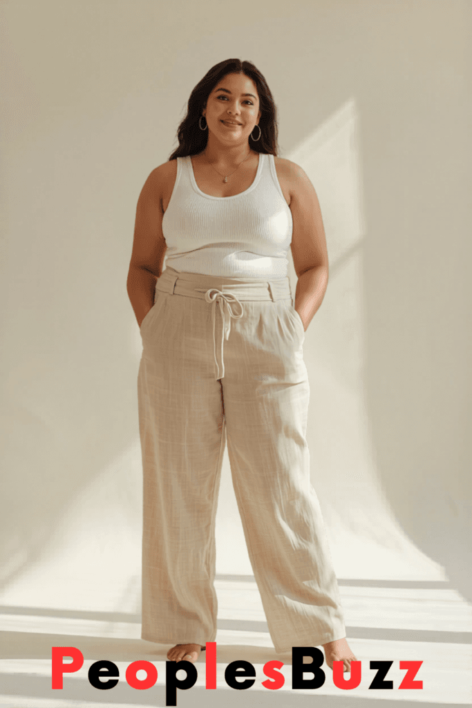 Plus size woman wearing beige linen wide-leg pants with a white ribbed tank top in a minimalist summer outfit with neutral tones and soft natural lighting.