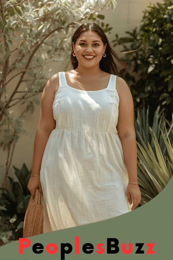 Plus size woman wearing a sleeveless cream linen A-line dress with woven bag in a timeless minimalist summer outfit with bright natural outdoor light.