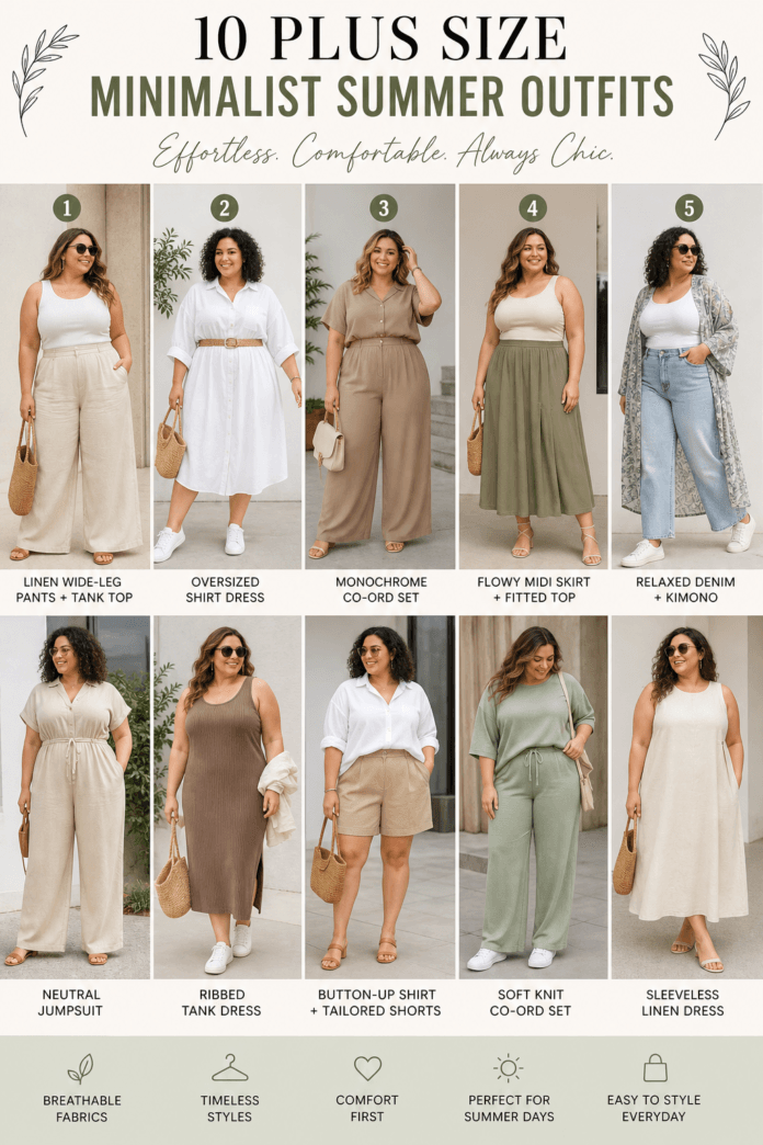 Vertical fashion infographic showing 10 plus size minimalist summer outfits styled in neutral tones, including linen pants, shirt dresses, co-ords, midi skirts, and casual summer sets for 2026.