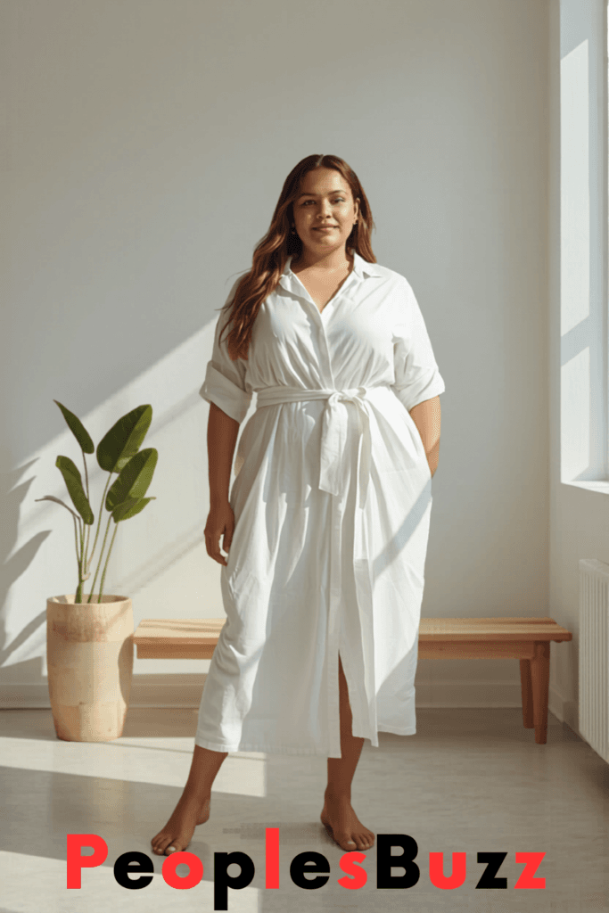 Plus size woman in a relaxed oversized white shirt dress with a waist belt, styled in a simple minimalist summer fashion look with soft daylight and clean background.