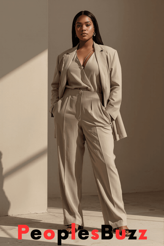 Plus size woman wearing a taupe monochrome co-ord set with relaxed tailoring, styled in a modern minimalist summer outfit with neutral tones and soft lighting.