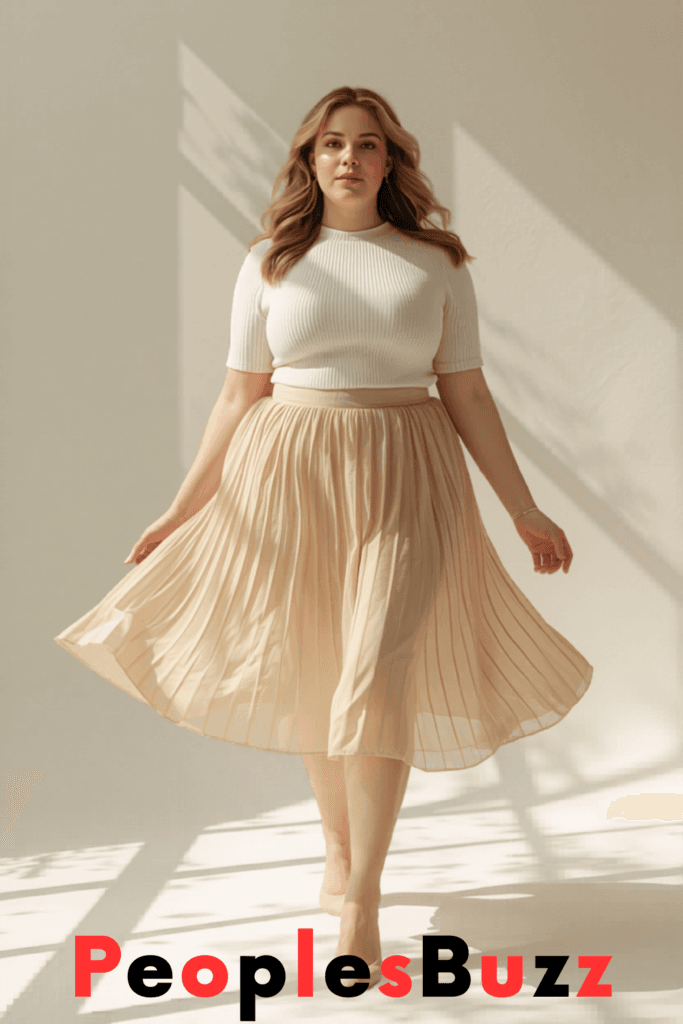 Plus size woman wearing a flowy beige midi skirt with a fitted knit top in a feminine minimalist summer outfit with soft pastel tones and natural light.