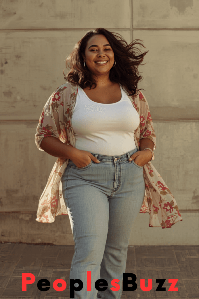 Plus size woman in light-wash relaxed denim jeans with a white tank top and lightweight kimono for a casual minimalist summer outfit in soft natural light.