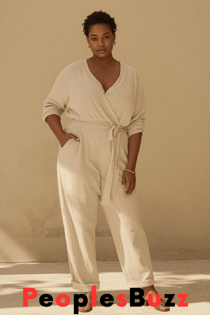 Plus size woman wearing a beige linen jumpsuit with cinched waist in a minimalist summer fashion look with clean background and soft elegant lighting.