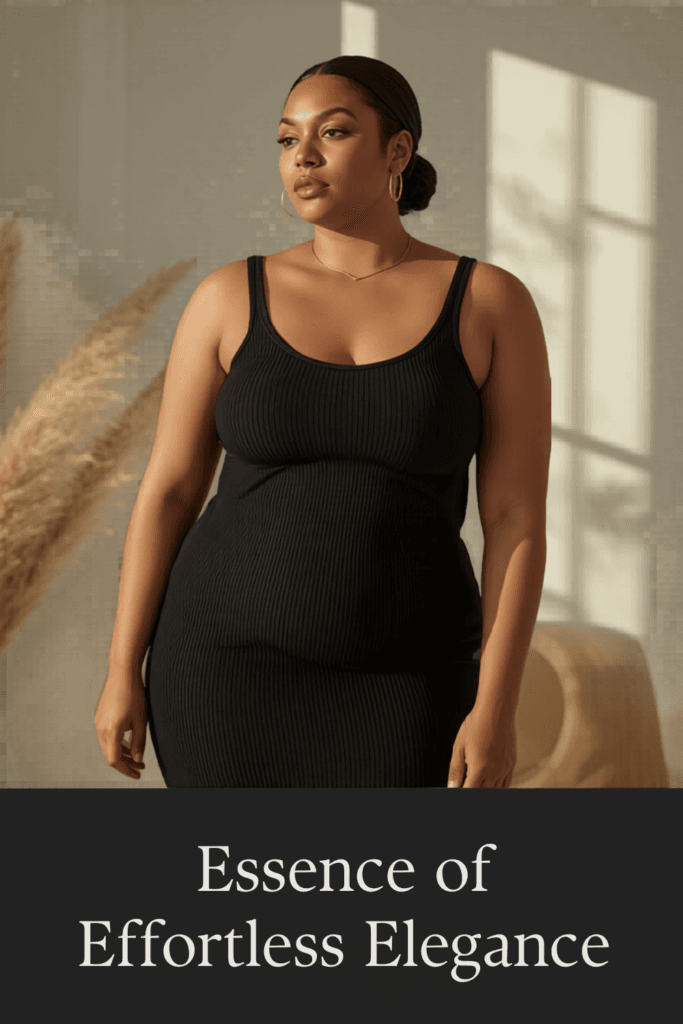 Plus size woman in a black ribbed midi tank dress styled as a simple minimalist summer outfit with gold accessories and clean modern aesthetic.