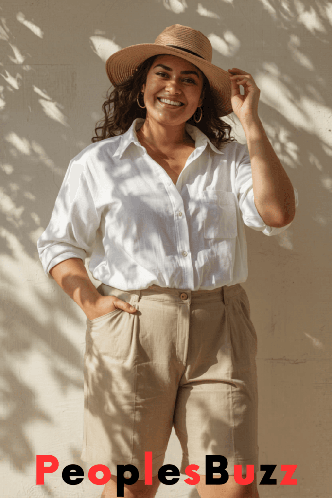Plus size woman wearing a white oversized button-up shirt with beige tailored shorts in a casual minimalist summer outfit with straw hat and soft sunlight.