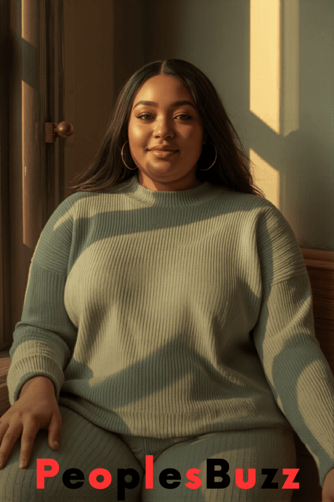 Plus size woman in a sage green soft knit co-ord set styled as a cozy minimalist summer outfit with relaxed fit and calm indoor lighting.