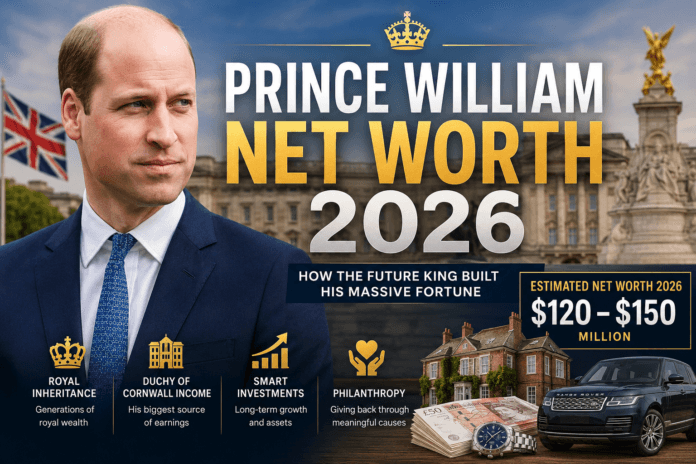 Prince William Net Worth 2026 featured image showing the future king with estimated wealth, royal assets, luxury lifestyle, and Duchy of Cornwall earnings.